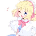  1girl alice_margatroid aoi_(annbi) bangs blonde_hair blue_dress blue_eyes breasts capelet commentary_request dress frilled_hairband frills hairband heart medium_breasts medium_hair one_eye_closed open_mouth pink_hairband pink_ribbon ribbon simple_background smile solo touhou upper_body white_background white_capelet 