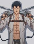  1boy belt bertolt_hoover blood brown_belt bun_(bbb81bun) chest_belt collared_shirt cowboy_shot crossed_swords dual_wielding highres holding leather_belt looking_at_viewer male_focus nosebleed open_clothes open_shirt paradis_military_uniform pectoral_cleavage pectorals shingeki_no_kyojin shirt solo sword three-dimensional_maneuver_gear toned toned_male weapon 