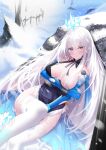  1girl absurdres arm_under_breasts bare_shoulders blush breasts breasts_apart cape closed_mouth dress elbow_gloves frills gloves grey_eyes hair_between_eyes halo highres jitome large_breasts long_hair looking_at_viewer otakummm outdoors pouty_lips sitting snow thighhighs torn_clothes tower_of_fantasy very_long_hair white_hair white_legwear zettai_ryouiki 