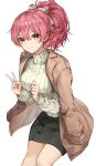  1girl absurdres bangs beige_sweater blush breasts brown_coat brown_jacket clenched_hand coat cowboy_shot earrings eyebrows_visible_through_hair eyelashes feet_out_of_frame glint green_skirt grin hair_between_eyes hair_ribbon highres idolmaster idolmaster_cinderella_girls jacket jacket_on_shoulders jewelry jougasaki_mika large_breasts light_smile long_sleeves looking_at_viewer medium_hair open_clothes open_jacket pencil_skirt pink_hair ponytail puffy_sleeves ribbed_sweater ribbon shino_sto simple_background skirt smile solo striped striped_ribbon sweater v white_background yellow_eyes 