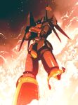  absurdres crossed_arms fire glowing glowing_eye gunbuster gunbuster_pose highres ishiyumi looking_down mecha no_humans one-eyed red_eyes science_fiction solo super_robot top_wo_nerae! 