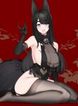  1girl animal_ears bangs bare_shoulders bell black_dress black_gloves black_hair black_legwear blue_eyes blush breasts cleavage dress elbow_gloves eyebrows_visible_through_hair fox_ears fox_girl fox_shadow_puppet fox_tail full_body gloves hand_up hayabusa highres kneeling large_breasts long_hair looking_at_viewer mole mole_on_breast mole_under_eye neckbell open_mouth original red_background sideboob smile solo symbol-only_commentary tail thick_eyebrows thighhighs thighs 