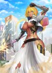  1girl abs android artist_name bangs bleach blonde_hair breast_tattoo breasts building cityscape crossed_bangs damaged eguchi_tumoru from_below green_eyes holding holding_sword holding_weapon large_breasts long_hair looking_at_viewer mechanical_arms mechanical_parts open_clothes outdoors shrug_(clothing) skyscraper solo standing sword tattoo tier_harribel torn_clothes underboob weapon 