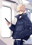  1boy bakugou_katsuki bangs blonde_hair blue_pants boku_no_hero_academia caustics cellphone character_print coat cowboy_shot expressionless gears highres holding holding_phone indoors jacket keychain kirishima_eijirou leaning_back leaning_on_rail long_sleeves looking_at_viewer male_focus mask mask_removed mouth_mask open_clothes open_jacket oversized_clothes pants patch phone red_eyes shirt short_hair smartphone solo spiked_hair standing sunlight superhero train_interior umasara v-shaped_eyebrows white_shirt window winter_clothes winter_coat 