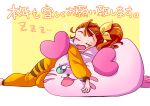  1girl absurdres barefoot bean_bag_chair closed_eyes commentary_request hair_pulled_back hair_ribbon highres kotoyoro kururun_(precure) long_hair long_sleeves lying natsuumi_manatsu new_year on_stomach onesie open_mouth pajamas precure ribbon sakusakamin saliva side_ponytail sleeping sleepwear smile solo translated tropical-rouge!_precure yellow_ribbon zzz 