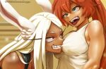  2girls animal_ears biting black_tank_top boku_no_hero_academia breast_sucking breast_sucking_through_clothes breasts commentary dark-skinned_female dark_skin greatodoggo green_eyes highres kendou_itsuka large_breasts long_hair mirko multiple_girls nipple_biting open_mouth rabbit_ears red_eyes saliva tank_top tongue tongue_out twitter_username upper_body white_hair white_tank_top yuri 