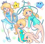  1girl absurdres athletic_leotard barefoot blonde_hair blue_dress blue_eyes brooch crown dress earrings feet gymnastics gymnastics_ribbon hair_over_one_eye highres jewelry leotard long_hair luma_(mario) mario_&amp;_sonic_at_the_olympic_games mario_&amp;_sonic_at_the_rio_2016_olympic_games mario_(series) mario_kart mario_kart_tour mario_tennis pantyhose racket rosalina shoes sneakers starbirbz sundress tennis_racket thighs white_legwear 