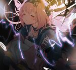  1girl animal_ears arknights bangs black_bow black_choker black_hairband blue_bow blush bow braid cat_ears choker closed_eyes closed_mouth clothes_writing coat crying electricity eyebrows_visible_through_hair goldenglow_(arknights) hair_bow hairband knees_to_chest lightning_bolt_print long_sleeves namie-kun open_clothes open_coat scissors shirt side_braid simple_background sitting solo tears two-tone_coat white_background white_shirt 