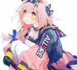  1girl animal_ears arknights bangs black_bow black_choker black_hairband blue_bow blush bow braid cat_ears choker closed_mouth clothes_writing coat crying crying_with_eyes_open eyebrows_visible_through_hair goldenglow_(arknights) hair_bow hairband knees_to_chest lightning_bolt_print long_sleeves looking_away looking_up namie-kun open_clothes open_coat shirt side_braid simple_background sitting solo tears two-tone_coat white_background white_shirt yellow_eyes 
