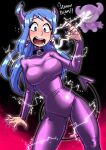  1girl absurdres bodysuit collar cowboy_shot demon_tail earrings english_commentary eye_beam gingrjoke highres horns jewelry lightning marcy_(gingrjoke) open_mouth original purple_bodysuit purple_nails satmon_(gingrjoke) skin_tight solo tail 