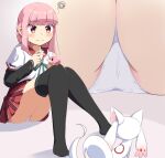  1girl bangs black_legwear blunt_bangs breasts cellphone highres holding holding_phone kamihama_university_affiliated_school_uniform kuu_nekoneko kyubey long_hair long_sleeves magia_record:_mahou_shoujo_madoka_magica_gaiden mahou_shoujo_madoka_magica miniskirt panties phone pink_eyes pink_hair pleated_skirt red_sailor_collar red_skirt sailor_collar school_uniform short_sleeves sidelocks sitting skirt small_breasts smartphone tamaki_iroha thighhighs underwear white_panties 