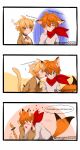  2boys absurdres aether_(genshin_impact) animal_ears bad_link bangs blonde_hair blue_eyes blush braid cat_ears cat_tail clothes english_text fox_ears fox_tail genshin_impact hair_between_eyes hair_ornament highres long_hair long_sleeves multiple_boys open_mouth orange_hair oxygen scarf single_braid tail tartaglia_(genshin_impact) tongue tongue_out twitter_username yellow_eyes 