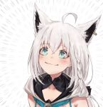  1girl ahoge animal_ear_fluff animal_ears bangs black_bow blue_neckerchief blush bow braid collarbone earrings extra_ears eyebrows_visible_through_hair fox_ears fox_girl green_eyes hair_between_eyes hair_bow highres hololive hood hoodie hyde_(tabakko) jewelry long_hair looking_at_viewer neckerchief shirakami_fubuki sidelocks simple_background single_braid smile solo symbol-only_commentary virtual_youtuber white_background white_hair white_hoodie 