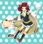  1girl alchemist_(ragnarok_online) amistr_(ragnarok_online) animal_ears bangs blue_background blue_gloves blush boots bow brown_cape brown_footwear cape commentary_request cross-laced_footwear dog_ears dress elbow_gloves fingerless_gloves flat_chest full_body fur_collar gloves green_eyes grey_dress hair_bow highres looking_at_viewer open_mouth purple_bow ragnarok_online red_hair sheep short_dress short_hair smile strapless strapless_dress yutsuki 