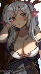  1girl :o alternate_costume arm_up artist_name bangs bare_shoulders blush breasts brown_eyes chocojax cleavage collarbone commentary cowboy_shot dress eyebrows_visible_through_hair fire_emblem fire_emblem_awakening fire_emblem_heroes flower hair_flower hair_ornament hand_up highres large_breasts long_hair looking_at_viewer official_alternate_costume parted_lips pink_flower robin_(fire_emblem) silver_hair solo swept_bangs tree twintails 