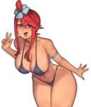  1girl absurdres ass bikini blue_eyes blush breasts flower hair_ornament highres kelvin_hiu leaning_forward looking_at_viewer one_side_up pokemon pokemon_(game) pokemon_bw red_hair short_hair_with_long_locks sidelocks skyla_(pokemon) smile solo swimsuit thick_thighs thighs 