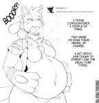  2020 after_vore anthro ask_blog belly big_belly bracelet breasts burping clothing dialogue english_text female fidchellvore fire hands_on_belly hildegard_(fidchellvore) jewelry lucario monochrome navel nintendo onomatopoeia open_mouth oral_vore pok&eacute;mon pok&eacute;mon_(species) solo sound_effects text torn_clothing tumblr video_games vore 