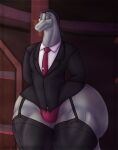  anthro big_butt black_clothing black_hair butt clothing disney grey_body hair hi_res huge_thighs hyper hyper_thighs legwear lingerie lizard male necktie reptile rhynobullraq scalie solo star_vs._the_forces_of_evil suit thick_thighs thigh_highs thong toffee_(svtfoe) underwear wide_hips 