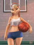  5_fingers anthro clothed clothing crop_top digital_media_(artwork) eyebrows eyelashes female fingers green_eyes hair hi_res lagomorph leporid lola_bunny looney_tunes mammal midriff navel off_shoulder oini rabbit shirt smile topwear warner_brothers 