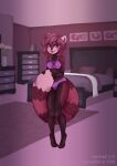  absurd_res ailurid bed bedroom blush book bra clothing detailed_background dresser female fur furniture hi_res mammal paintings panties red_body red_fur red_panda shy smile solo standing sugarbandit underwear vase 