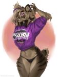  brown_body brown_fur clothing crush ear_piercing ear_ring falla felid female fur fur_markings hoodie humanoid inner_ear_fluff levelviolet machairodontine mammal markings panties piercing purple_eyes simple_background solo topwear tuft underwear 