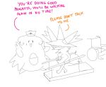  anthro blissey bodily_fluids braixen clothing comic duo english_text female hat headgear headwear humor nintendo nurse_clothing nurse_hat nurse_headwear pok&eacute;mon pok&eacute;mon_(species) ponporio_(artist) rehab sketch sweat sweatdrop text video_games wheelchair witch_hat 