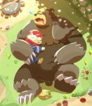  2022 anthro belly big_belly brown_body clothed clothing detailed_background duo embrace hat headgear headwear hi_res hon55728 hug kemono lying male mammal nintendo overweight overweight_male pok&eacute;mon pok&eacute;mon_(species) size_difference sleeping ursaluna ursid video_games white_body 