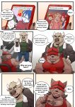 absurd_res anthro boss_(gym_pals) bovid bovine canid canine canis cattle cellphone clothing comic dialogue drawing_tablet felid female gesture gym_pals h155296 hat headgear headwear hi_res lion male mammal manager_(gym_pals) master_(gym_pals) niku_(gym_pals) pantherine phone shirt smartphone tank_top topwear v_sign wolf 