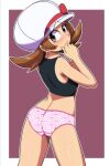  ass black_tank_top blush brown_eyes brown_hair cherry_print embarrassed euf-dreamer floral_print food_print from_behind hands_on_own_face highres looking_back panties pokemon pokemon_(game) pokemon_gsc print_panties tank_top underwear 