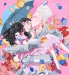  1boy 1girl armor black_hair blurry blurry_foreground brother_and_sister carrying closed_eyes dress flattop flower happy highres jean_pierre_polnareff jojo_no_kimyou_na_bouken kiss kissing_forehead obake_cp300 pink_background pink_dress sherry_polnareff siblings silver_chariot smile umbrella 