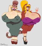  absurd_res anthro areola big_breasts blonde_hair breasts canid canine canis cleavage clothed clothing diana_(thecon) domestic_dog duo ear_piercing ear_ring felid female hair hi_res huge_breasts hyper hyper_breasts mammal mature_female nipple_outline one_eye_closed pantherine piercing plankboy wink 