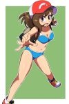  blue_panties bra brown_bag brown_eyes brown_hair elaine_(pokemon) euf-dreamer full_body highres panties poke_ball pokemon pokemon_(game) pose red_footwear red_headwear underwear underwear_only 