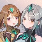  2girls :d absurdres alternate_color bangs bare_shoulders chest_jewel fingerless_gloves gloves gold grey_background highres long_hair looking_at_viewer multiple_girls mythra_(xenoblade) pink_eyes portrait pyra_(xenoblade) short_hair silver smile swept_bangs tiara xenoblade_chronicles_(series) xenoblade_chronicles_2 yasaikakiage yellow_eyes 