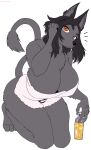  anthro big_breasts black_hair breasts canid canine chest_tuft female fur grey_body grey_fur hair hi_res kneeling lemonbizate_(artist) mammal simple_background solo towel towel_only tuft white_background 