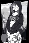  anthro blush breasts choker clothed clothing concert cute_fangs felid female fuf_(character) fur hair hi_res hoodie hybrid jewelry leopard looking_at_viewer mammal monochrome necklace pantherine shirt sicmop smile solo tank_top topwear 