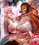 absurd_res big_breasts breasts canid canine clothed clothing deity female hair hi_res huge_breasts hyper looking_at_viewer mammal nipples smile solo thick_thighs winter_nacht 