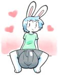  &lt;3 2020 angstrom anthro balls balls_outline big_balls big_bulge blue_hair blush bottomwear bulge clothed clothing genital_outline genitals hair huge_balls lagomorph leporid male mammal marco_(angstrom) penis penis_outline rabbit shirt shorts small_but_hung smile solo topwear young 