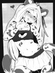  &lt;3 anthro blush bottomwear cleavage_cutout clothed clothing felid female fuf_(character) fur greyscale hair hi_res hybrid leopard mammal midriff monochrome navel nipple_outline pantherine shirt sicmop skirt solo tank_top topwear 