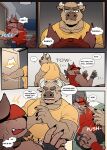  anthro boss_(gym_pals) bovid bovine canid canine canis cattle clothing comic cracking_knuckles dragging duo gym_pals h155296 hat headgear headwear hi_res male mammal manager_(gym_pals) pushing shirt topwear wolf 