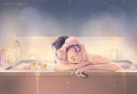 1girl bathing bathtub blush candle closed_eyes dated eyewear_removed kintotomaturi kson nude real_life rubber_duck solo thick_eyebrows towel towel_on_head 
