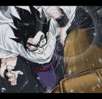  2boys battle black_eyes black_footwear black_hair black_wristband boots brown_jacket brown_pants cape clenched_hand clenched_teeth commentary_request dougi dragon_ball dragon_ball_super dragon_ball_super_super_hero fighting gamma_1 glasses jacket kicking letterboxed looking_at_another male_focus motion_lines multiple_boys pants pov purple_pants purple_shirt rain red_sash ruto830 sash serious shirt signature son_gohan spiked_hair teeth white_cape wristband 