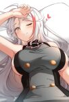  1girl ;) ahoge arm_up azur_lane bangs bare_shoulders blush breasts closed_mouth commentary_request dress eyebrows_visible_through_hair grey_dress heart large_breasts long_hair looking_at_viewer lying moyoron multicolored_hair on_back one_eye_closed orange_eyes parted_bangs pillow prinz_eugen_(azur_lane) red_hair sideboob sleeveless sleeveless_dress smile solo streaked_hair very_long_hair white_background white_hair 
