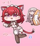  2girls :&lt; :3 animal_ears apron black_legwear breasts bulga cat_ears cat_tail character_pillow cheona_(last_origin) cleavage cleavage_cutout clothing_cutout commander_(last_origin) extra_ears fang full_body janghwa_(last_origin) last_origin leg_lift long_hair maid_apron maid_headdress mole mole_under_eye multiple_girls open_mouth paw_pose pink_background silver_hair simple_background sweatdrop tail thighhighs very_long_hair 