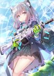  1girl :o animal_ears assault_rifle bag black_jacket black_skirt blue_archive blue_eyes blue_scarf blue_sky cloud cloudy_sky gloves green_gloves grey_hair gun hair_ornament hairpin halo heart highres holding holding_gun holding_weapon jacket looking_at_viewer medium_hair open_mouth outdoors rifle scarf school_uniform shiroko_(blue_archive) shoulder_bag sig_sauer_556 sketch skirt sky tenton_(henatyo) unfinished weapon white_legwear 