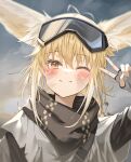  1girl ;) absurdres animal_ear_fluff animal_ears arknights arm_up bangs black_scarf blonde_hair blush brown_eyes closed_mouth cloud cloudy_sky commentary day dirty dirty_face eyebrows_visible_through_hair fingerless_gloves fox_ears gloves goggles goggles_on_head grey_gloves highres long_hair looking_at_viewer official_alternate_costume one_eye_closed outdoors scarf sky smile solo sutei_(arece15) suzuran_(arknights) suzuran_(lostlands_flowering)_(arknights) upper_body v 