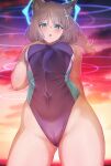  1girl absurdres animal_ear_fluff animal_ears blue_archive blue_eyes blush cameltoe cloud cloudy_sky competition_swimsuit contrapposto covered_navel cowboy_shot eyebrows_visible_through_hair grey_hair hair_ornament halo hand_on_own_chest highres long_hair looking_at_viewer makumaxu one-piece_swimsuit open_mouth outdoors purple_swimsuit shiroko_(blue_archive) sky solo sunset swimsuit wet x_hair_ornament 