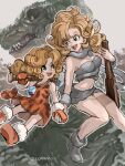 2girls ayla_(chrono_trigger) blonde_hair blue_eyes breasts chrono_cross chrono_trigger club_(weapon) curly_hair dinosaur gloves highres leah long_hair mother_and_daughter multiple_girls open_mouth smile uzutanco weapon 
