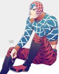  animal_print argyle argyle_sweater boots crop_top guido_mista hand_on_own_chin haruko_(chikadoh) hat head_rest jojo_no_kimyou_na_bouken male_focus midriff sitting sweater tiger_print turtleneck vento_aureo 