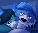  alex_the_demon_dragon_(veemon) ball_suck balls bandai_namco bandanna blue_bandanna blue_body blue_eyes blue_fur blue_kerchief blue_scales blue_skin bodily_fluids canid canine canis cum cum_in_mouth cum_inside digimon digimon_(species) domestic_dog dracky_the_gaomon dragon fellatio first_person_view fur gaomon genital_fluids genitals hi_res kerchief male male/male mammal oral penile penis red_eyes scales sex sucking veemon yoshio_hiroshi 