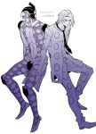  2boys argyle clothing_cutout formal haruko_(chikadoh) jojo_no_kimyou_na_bouken male_focus monochrome multiple_boys necktie pannacotta_fugo purple_haze_(stand) purple_haze_feedback suit vento_aureo visor 